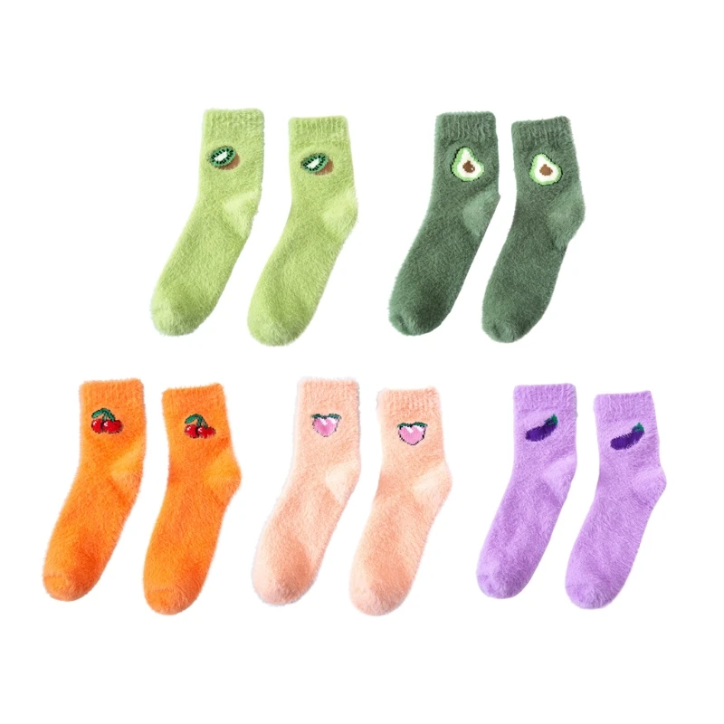 

Women Winter Faux Fur Slipper Socks Fruit Jacquard Fuzzy Sleeping Hosiery drop shipping