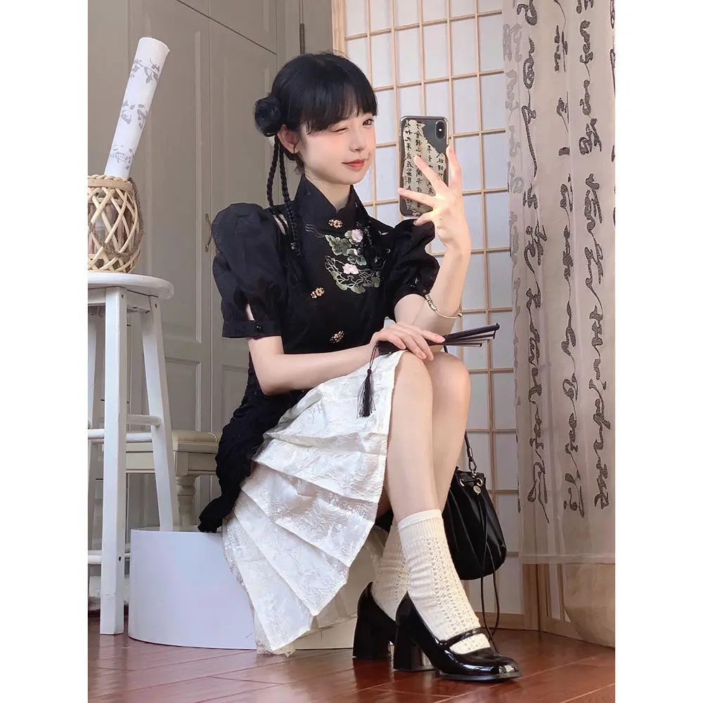 

2023 Пышный рукав Улучшенный Двухслойный дизайн короткий рукав cheongsam китайский Ретро стиль Модное Элегантное платье qipao леди g807