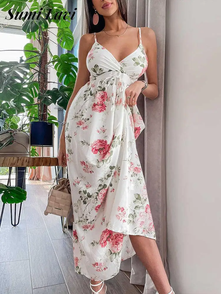 

Женское длинное платье на завязках, привлекательное Платье макси с V-образным вырезом и поясом на груди, модное элегантное платье без рукаво...