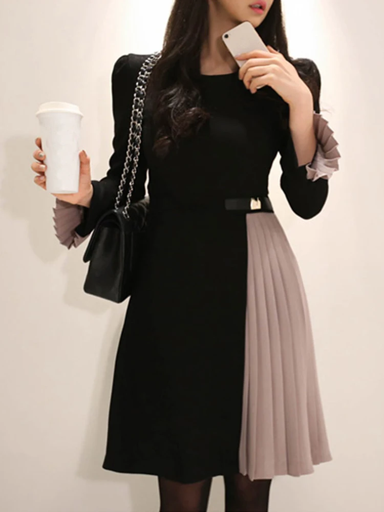 

Fashion Korean Elegant Women Dress Chic Temperament Formal Sweet Slim Pleated Midi Party Street Commute Robe Femme Mujer Vestido