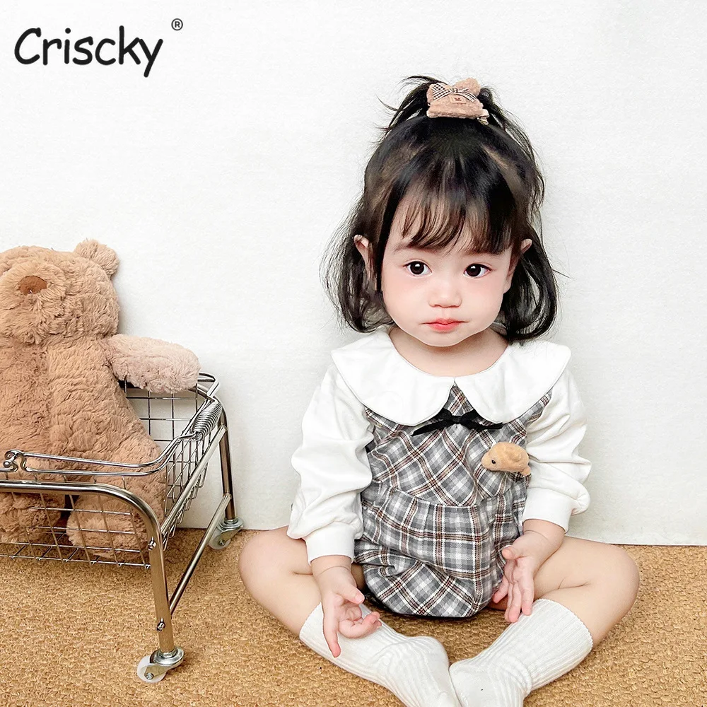 

Criscky 2022 Autumn Baby Girl Clothes Plaid Jumpsuit Korean Style Girls Bodysuit Toddler Baby Kids Cotton Long Sleeve Romper