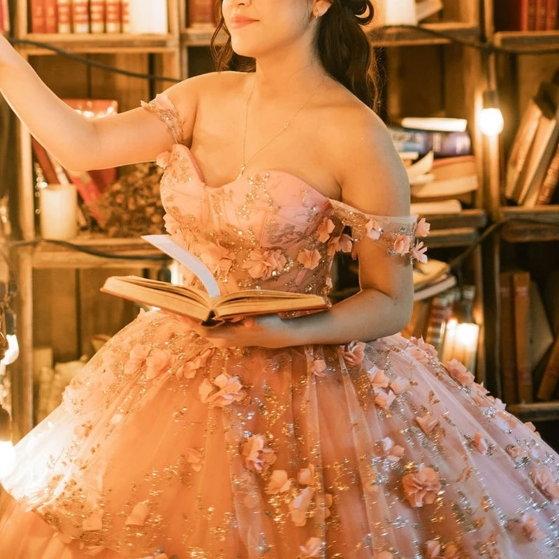Женское розовое платье принцессы Quinceanera 2024 с открытыми плечами 3D Цветочные