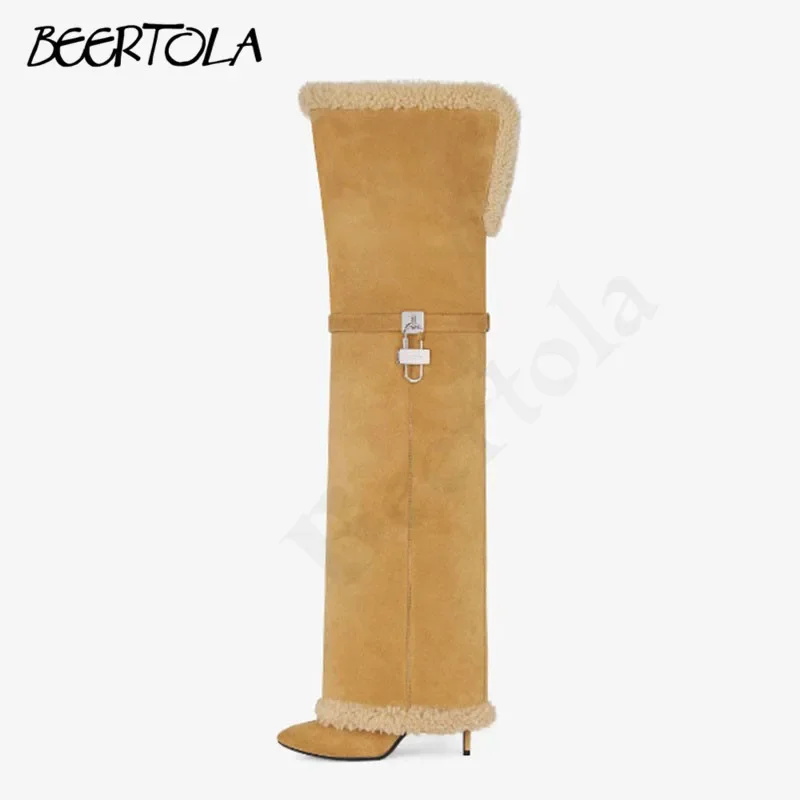 Замшевые зимние брючные сапоги с острым носком и металлическим замком Юбка плюс