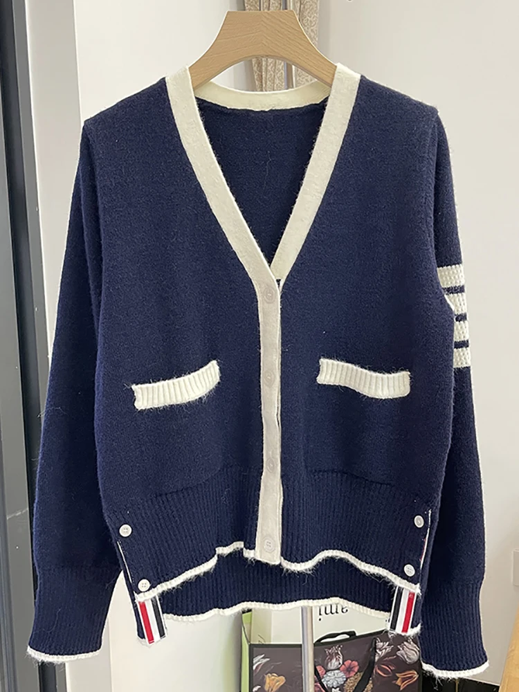 

TB High Quality Korean Fashion Women's Color Stripe Over Knitwear V-neck Knitting Cardigan
