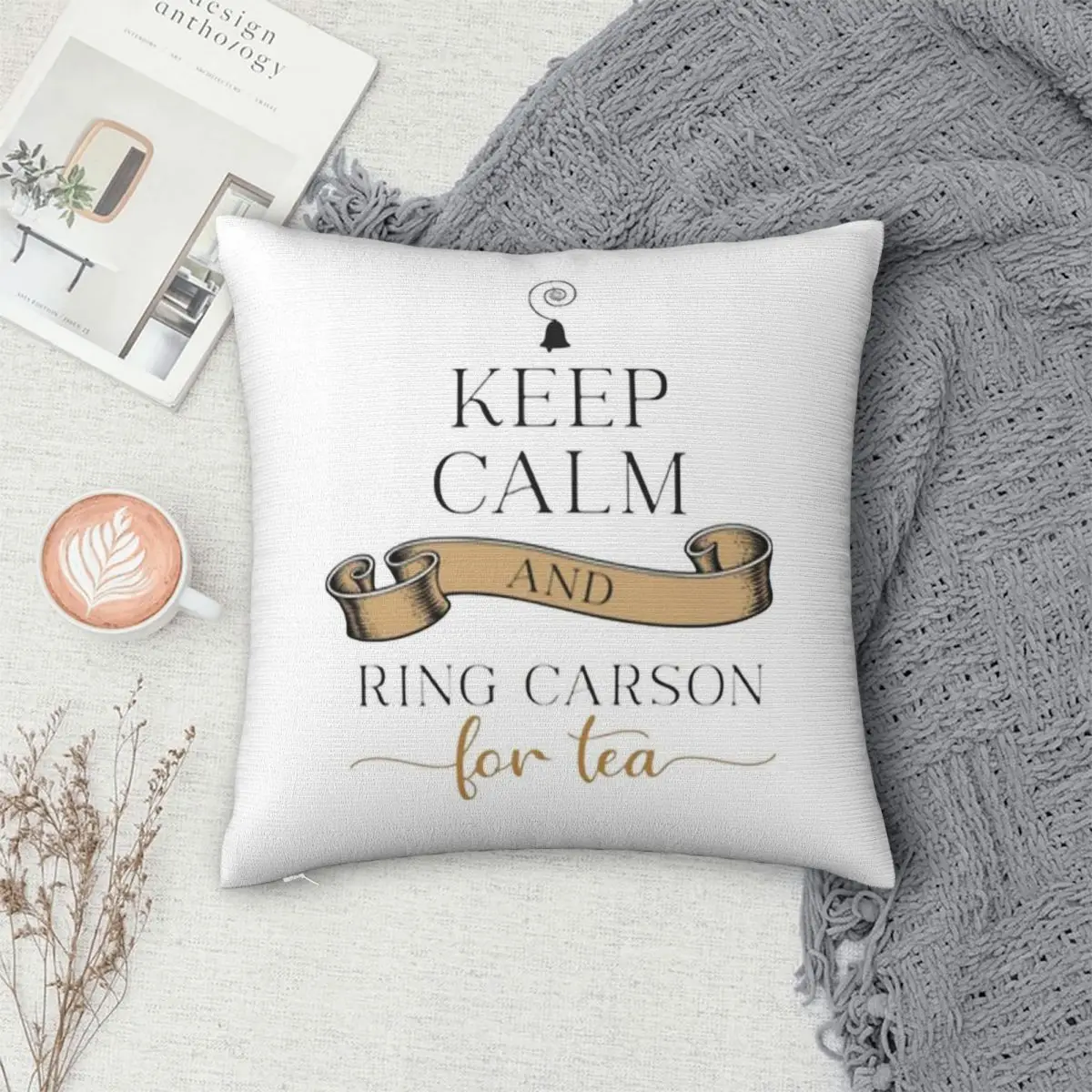 Фото Наволочка Keep Calm And Ring Carson Square, полиэстер, лен, бархат, с узором, на молнии, декоративная наволочка для дивана, 45x45 см №4