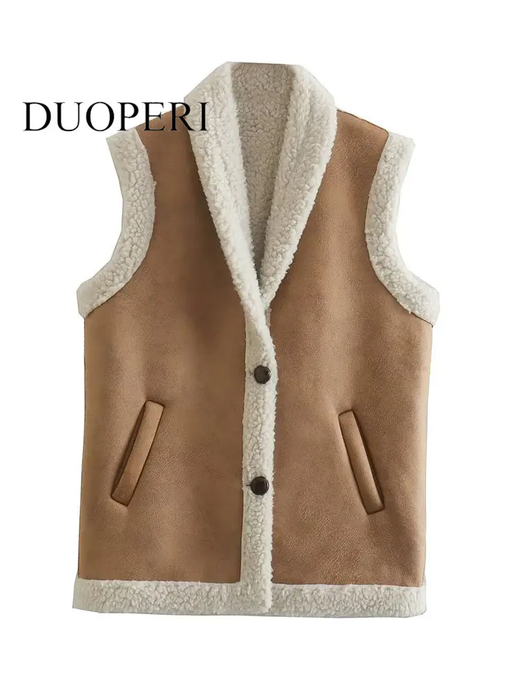 

DUOPERI Women Fashion Khaki Vest With Side Pockets Vintage V-Neck Sleeveless Jacket Chic Lady Warm Waistcoat Outfits