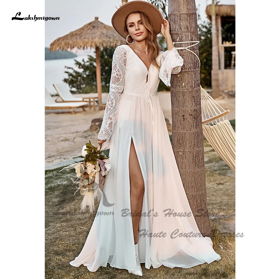 

Lakshmigown свадебное платье с длинным рукавом в стиле бохо для невесты летнее пляжное белое шифоновое ТРАПЕЦИЕВИДНОЕ свадебное платье с открытой спиной 2023