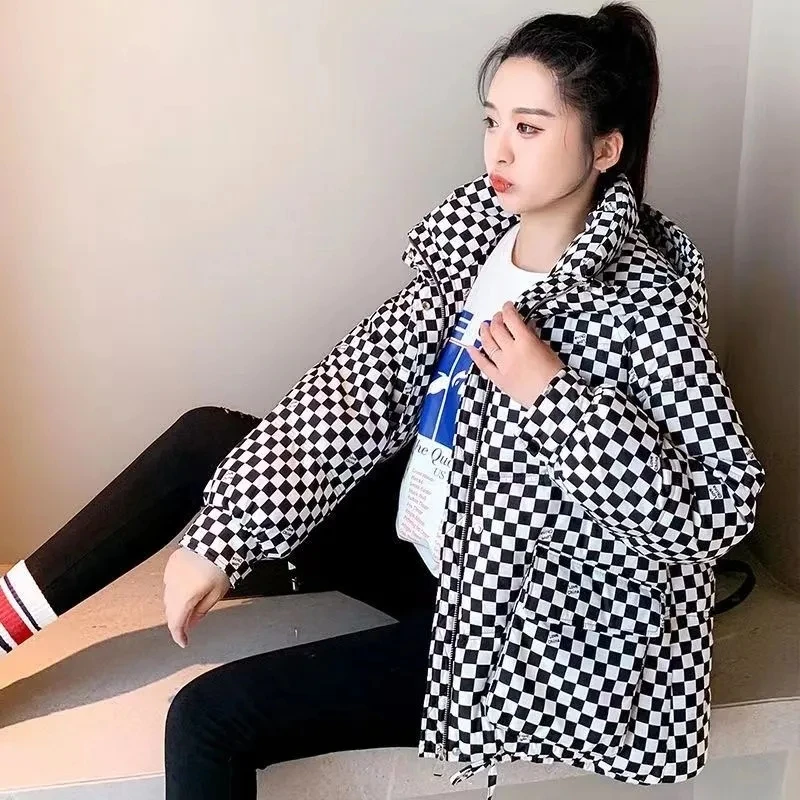 Parkas Women 2022 Winter New Fashion Slim All-match Checkerboard Padded Coat Female Hooded Loose Short Thick Down Cotton Jacket