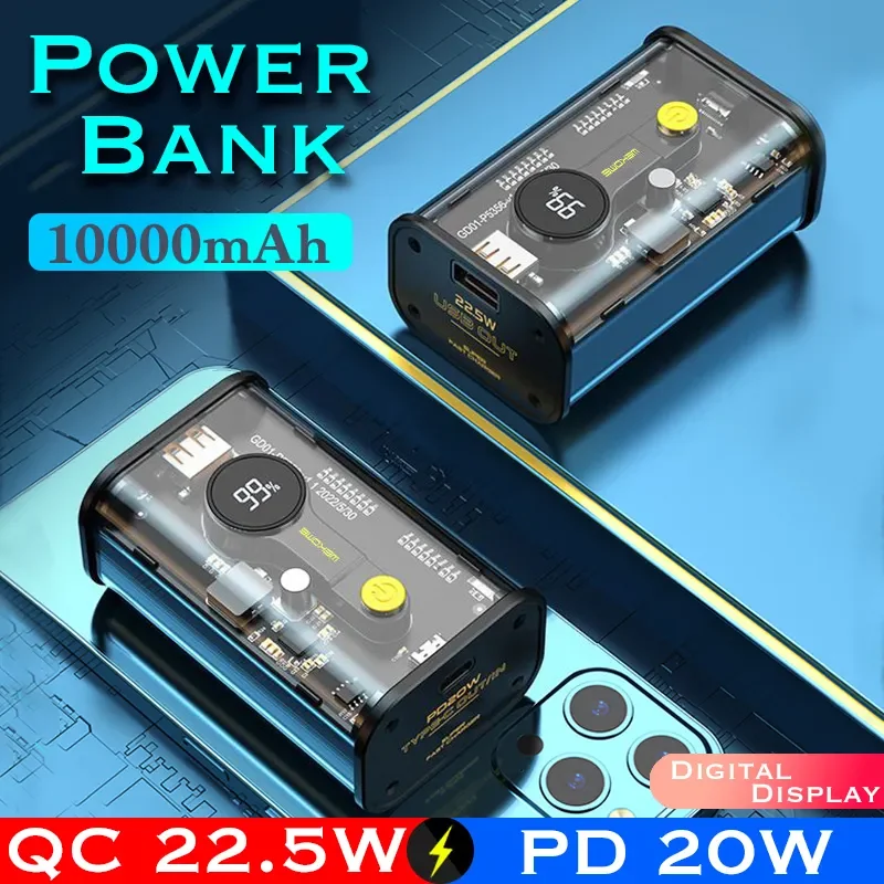 

QC22.5W Power Bank 10000mAh PowerBank Can DIY Battery 21700*4/18650*8 TYPE C PD20W two-way Fast Charging Transparency Charger