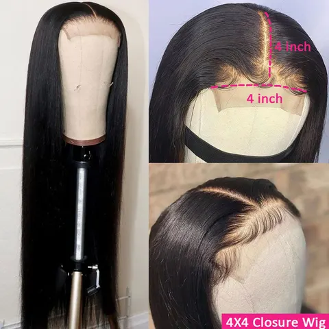 Прямые парики из человеческих волос для женщин, парик с кружевной передней частью, прозрачный, 4x4, парик с кружевной застежкой, дешевые человеческие волосы Remy, парики, натуральный черный цвет