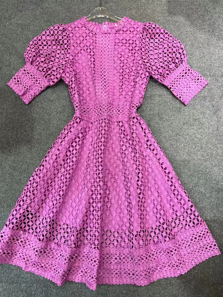 

Женское кружевное платье-трапеция SEQINYY, элегантное подиумное повседневное ажурное платье с пышными рукавами, лето-весна