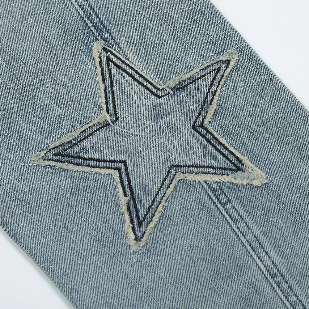 Patch Embroidered Star Casual Y2k Jeans Mens Ins Streetwear Hip Hop Washed Distressed Stitching Straight Trousers Denim Pants