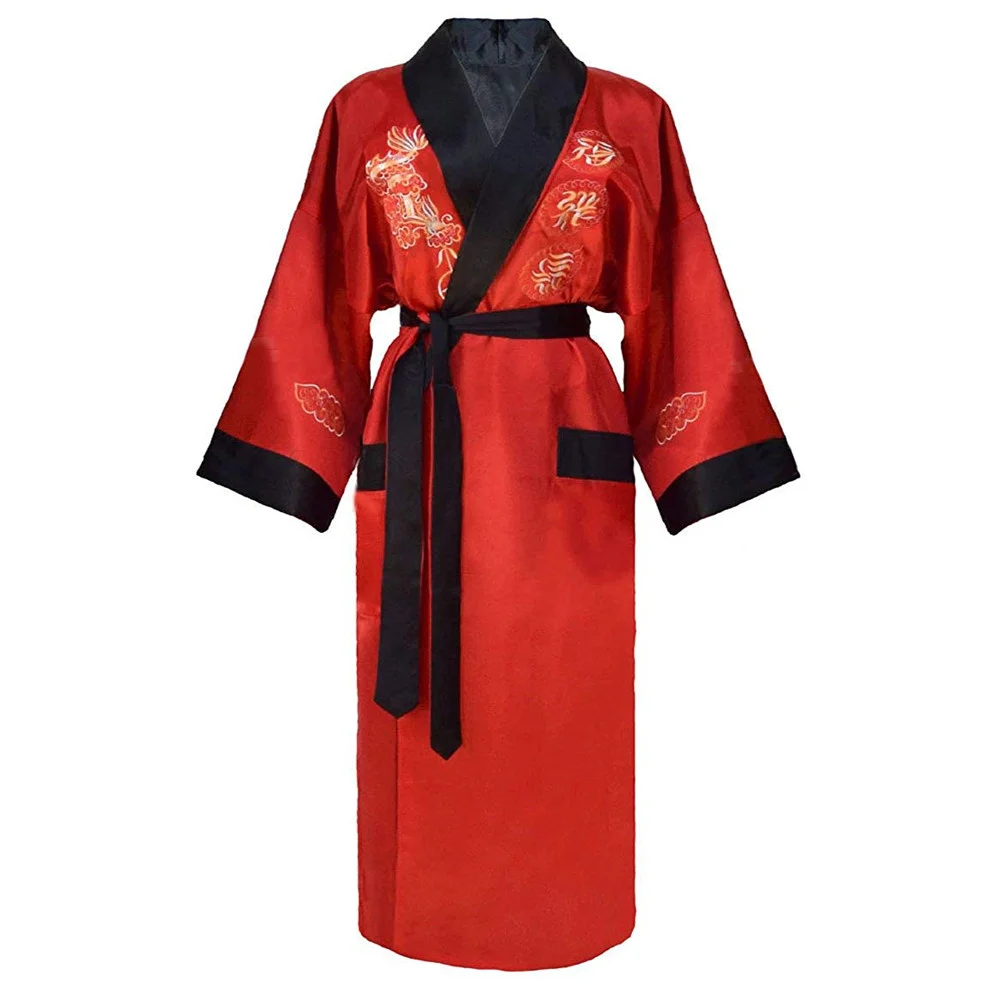 

Red Black Chinese Men Reversible Satin Robe Embroidery Dragon Kimono Bathrobe Gown Two-side Nightwear Silky Loose Sexy Slpwear