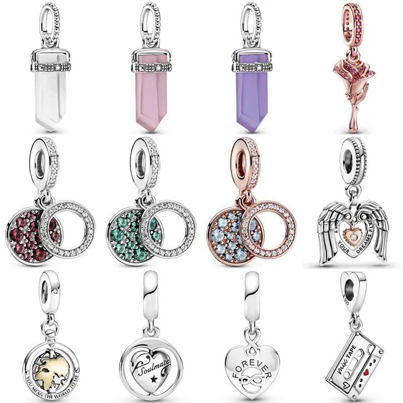 

Sparkling Disc Pink Crystal Amulet Angel Wings & Heart Pendant Beads 925 Sterling Silver Charms Fit Pandora Bracelet DIY