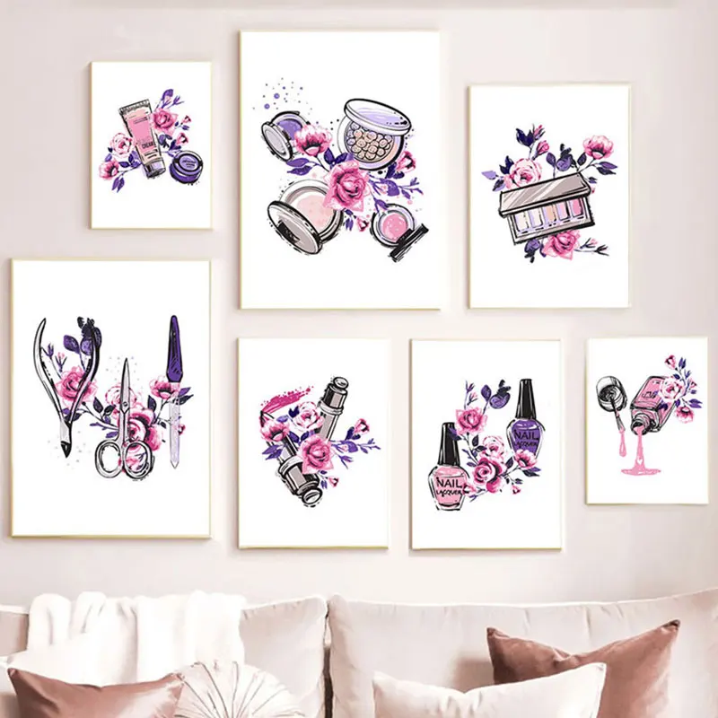 

Fashion Pink Flower And Makeup Poster Abstract Color Cosmetic Canvas Painting Prints Girl Room Home Decoration Wall Art Pictures