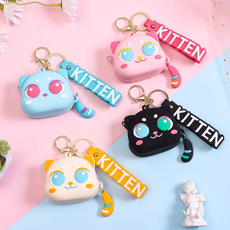 

Cute Big Eyes Cat Silicone Coin Purse with Keyring Kawaii Kids Coin Bag Portable Data Cable Earphone Organizer Coin Key Pouch