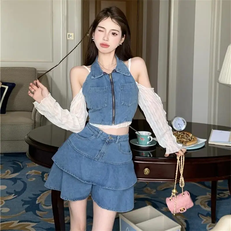 

Hsa женский элегантный джинсовый костюм с юбкой 2023, новый модный Джинсовый комплект с оборками, женский укороченный жакет, топ, мини-юбка, комплект из 3 предметов