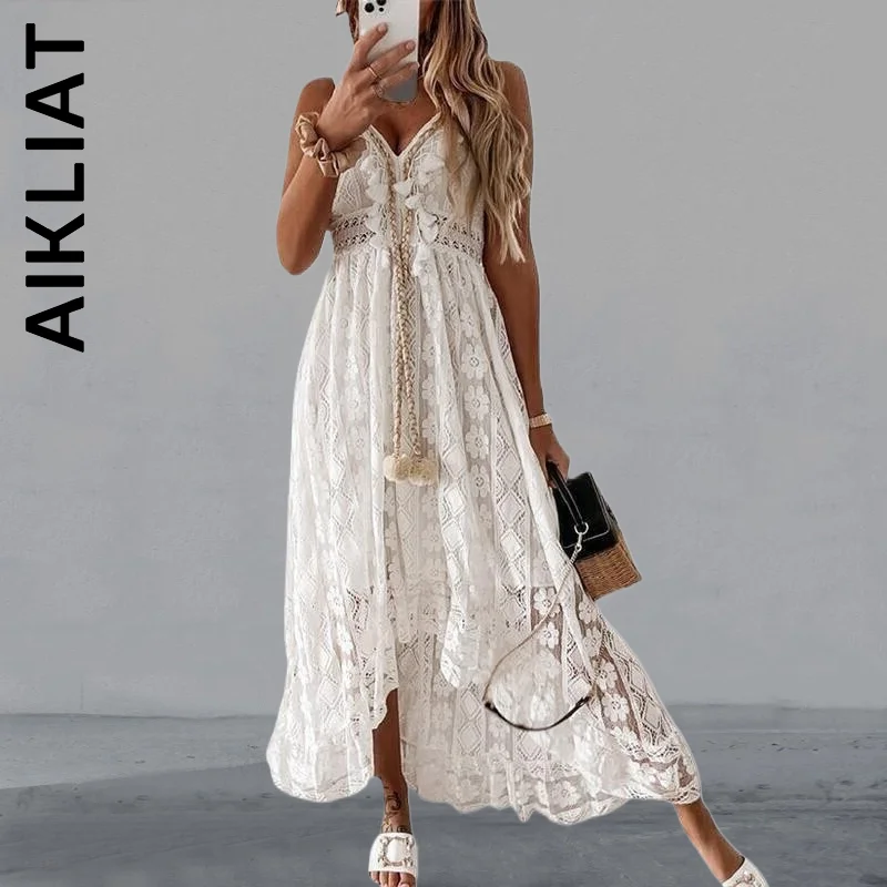 Aikliat Women New Dress V Neck Spaghetti Strap Lace Patchwork Elegant Off Shoulder Dress Vocation Style Vestidos Clothing