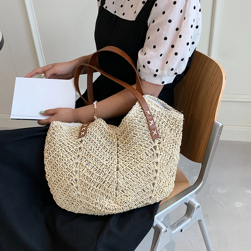 

Vintage Woven Women Summer Hollow Shoulder Shopping Bag Large Capacity Handbags
