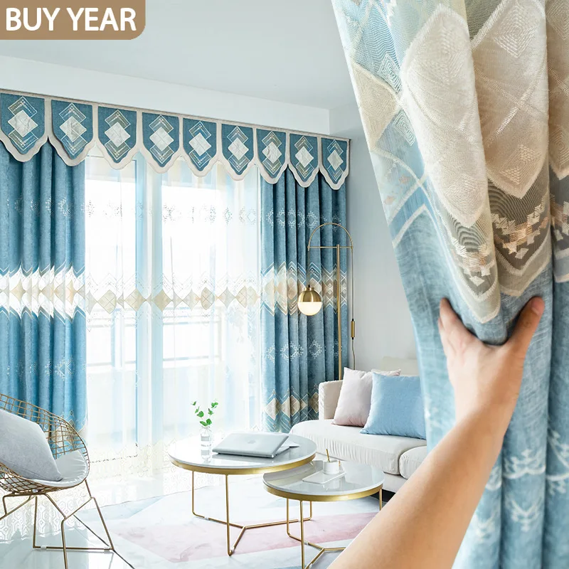 

European Style Curtains for Living Dining Room Bedroom Chenille Embroidered valance Curtain Tulle Finished Product Customization