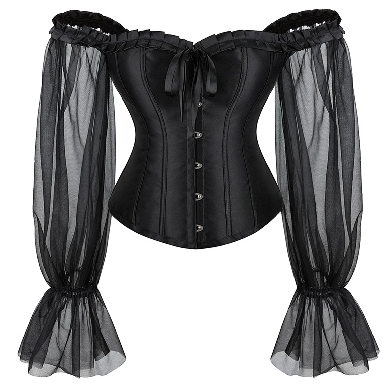 

Black Color Lace Long Lantern Sleeves Corset Women's Gathering Waist Wrapped Palace Bodysuit Corset Top Off Shoulder Corsets