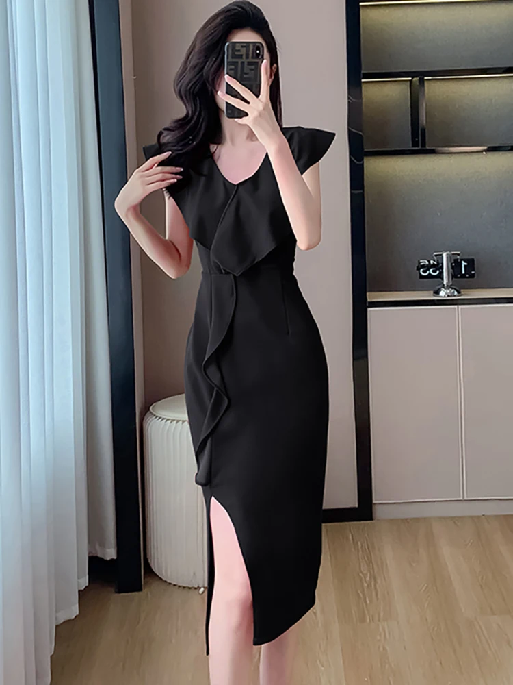 Женское однотонное элегантное платье с оборками и V-образным вырезом