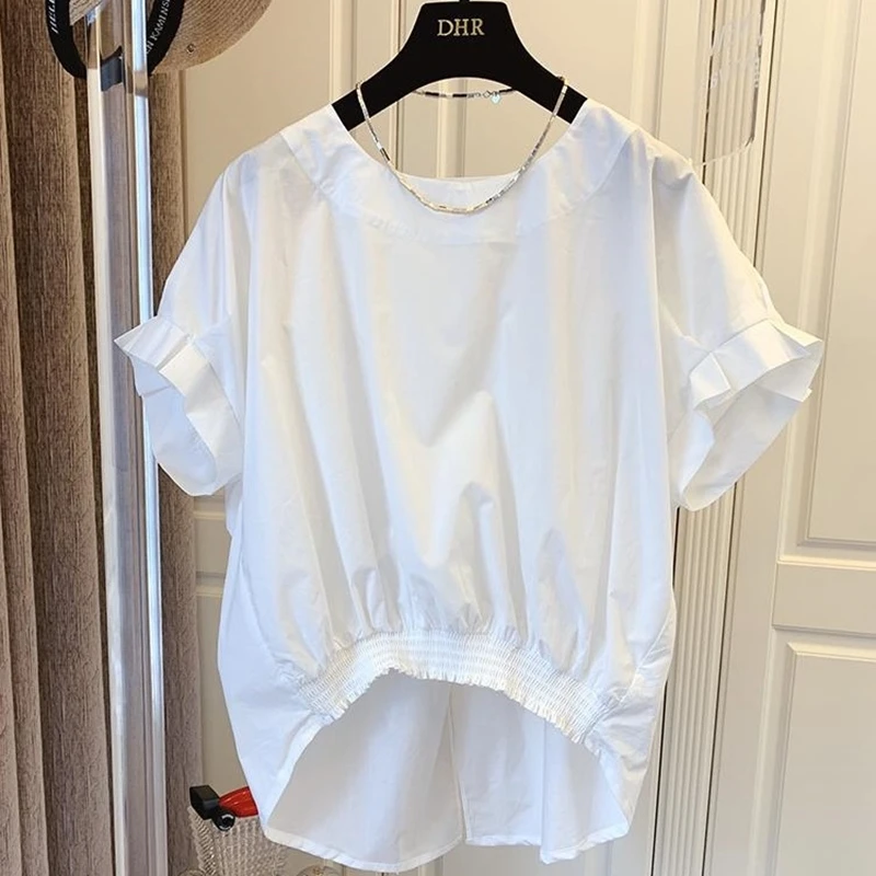 Женская хлопковая блузка оверсайз повседневная однотонная плиссированная с