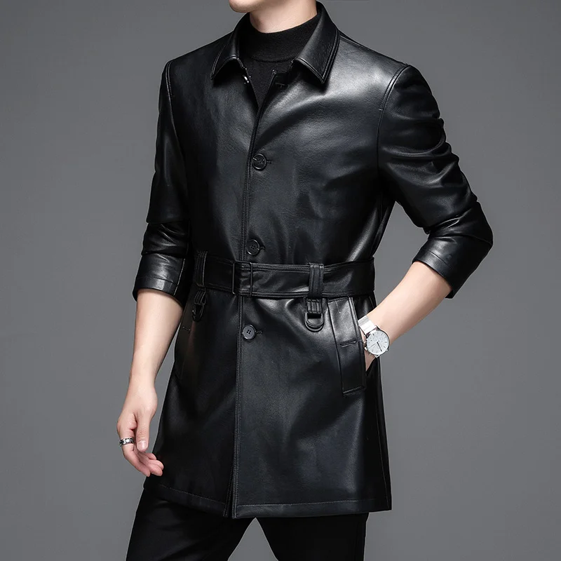 Мужской тренчкот из натуральной овечьей кожи повседневный непродуваемый жакет