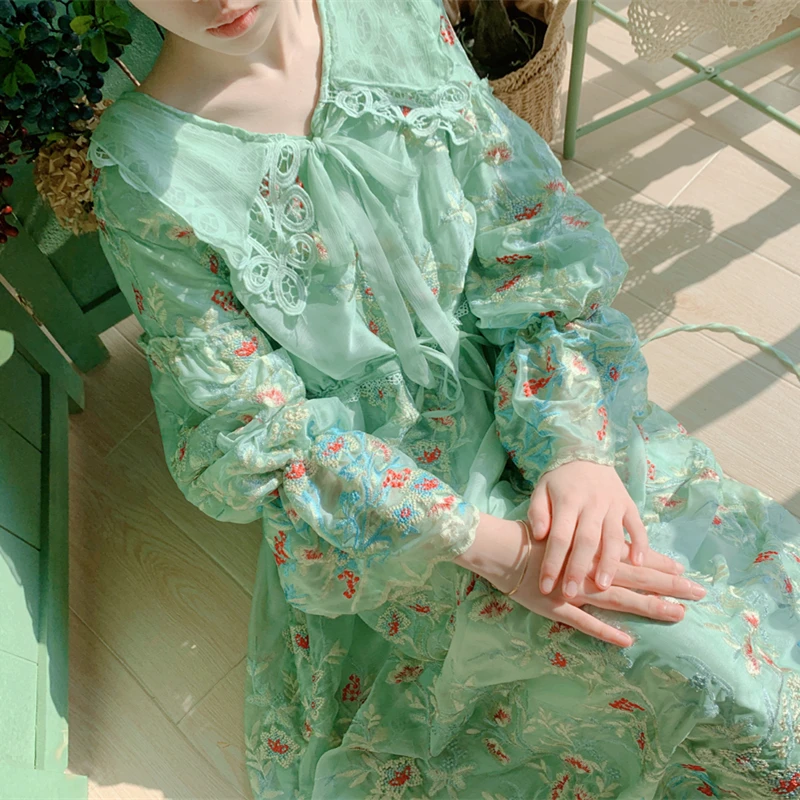 

Spring Autumn New Original Design Women Mori Kei Delicate Embroidery Vintage Lantern Sleeves Mori Kei Chiffon Lace Green Dresses
