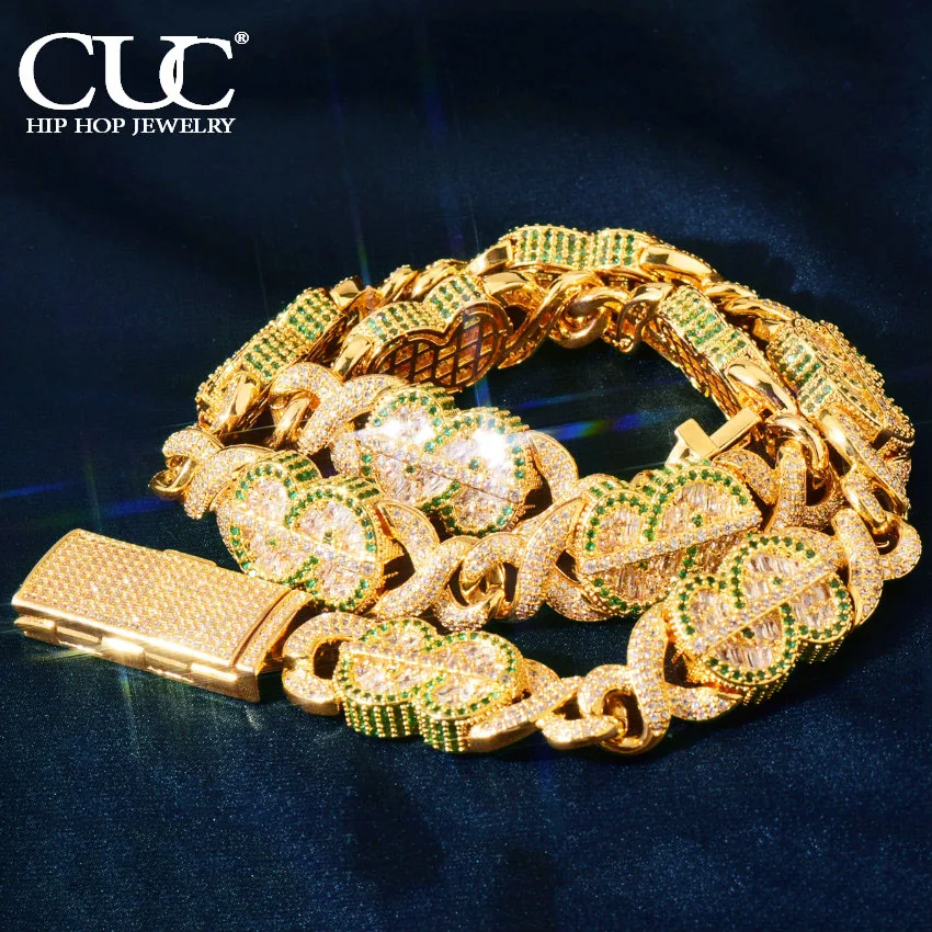 

CUC долларовая багета, бесконечная кубинская звено, сверкающая зеленая циркониевая брикет, модные ювелирные изделия в стиле хип-хоп 14 мм