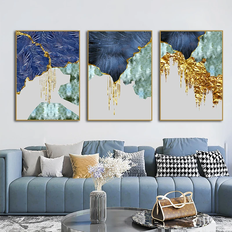 

Modern Abstract Gold Foil Lines Blue Canvas Art Painting Living Room Posters and Prints Wall Posters Home Decor