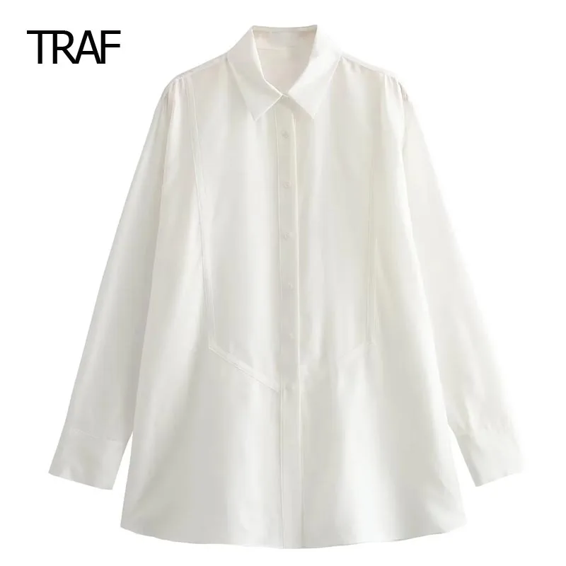 

TRAF White Loose Shirt Women's Blouse Autumn 2023 Lapel Collar Long Sleeves Top New In Shirts Pretty And Elegant Women's Blouse