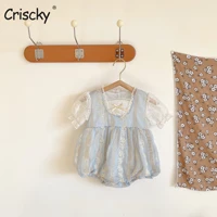 criscky summer newborn cotton linen jumpsuit baby girls casual romper toddler lace mesh short sleeve round neck playsuit