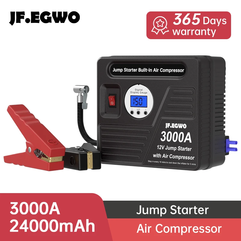 

3000A Car Jump Fire Starter Tire Inflator Air Pump 24000mAh Power Bank Outdoor Booster Battery LED Light For 12v Startup Device