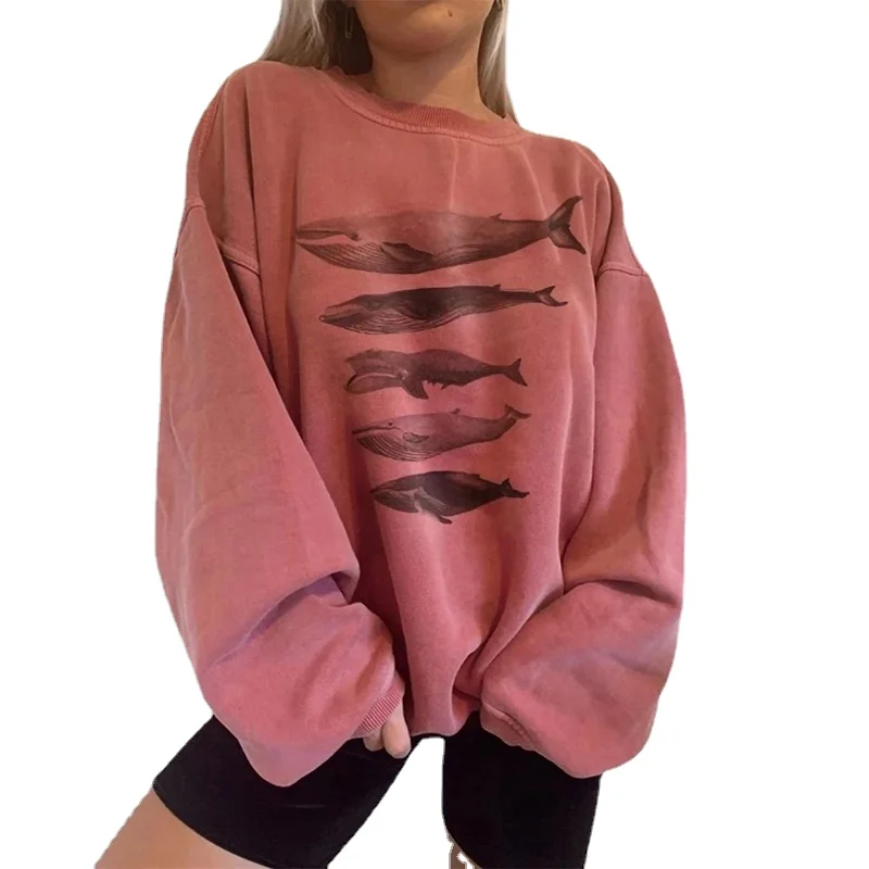

Whale Printing Casual Round Neck Lady Sweatshirts Fashion Streetwears Autumn Winter Design Women Long Sleeve Loose Top Pullover
