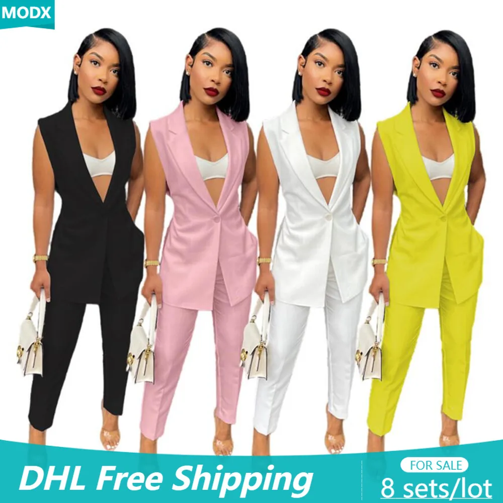 

Elegant Blazer Matching Outfit Wholesale Women Business Suit Casual Sleeveless Two Piece Set Sexy Deep V Belt Work Clothing 8102