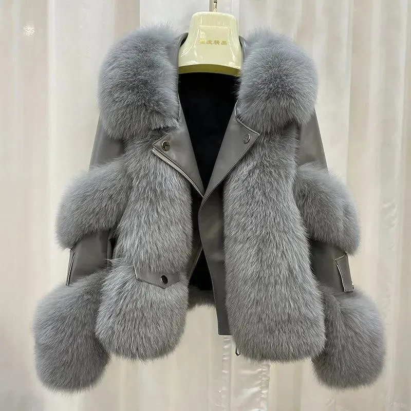 Fashion Turn Down Collar Zipper Faux Fox Fur Quilted Jacket Women 2022 Winter New Casual Loose High Quality Fluffy Fur Coats