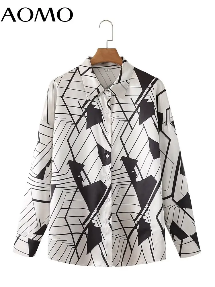

AOMO 2023 Women Geometry Print Shirt Blouse Long Sleeve Chic Female Office Lady Tops 3F1A