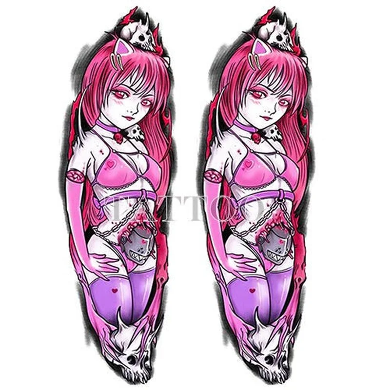 Japanese Devil Dark Sexy Pink Girl Big Size Color Arm Water Transfer Temporary Fake Tattoo Sticker For Men and Women images - 6