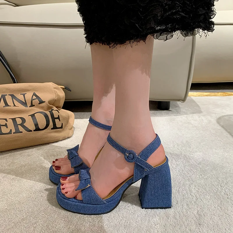 2023 Summer High Heel Thick Heel Sandals Women's Buckle Thick Sole Mary Jane Fashion Casual Blue Denim Strap Sandals size 35-39