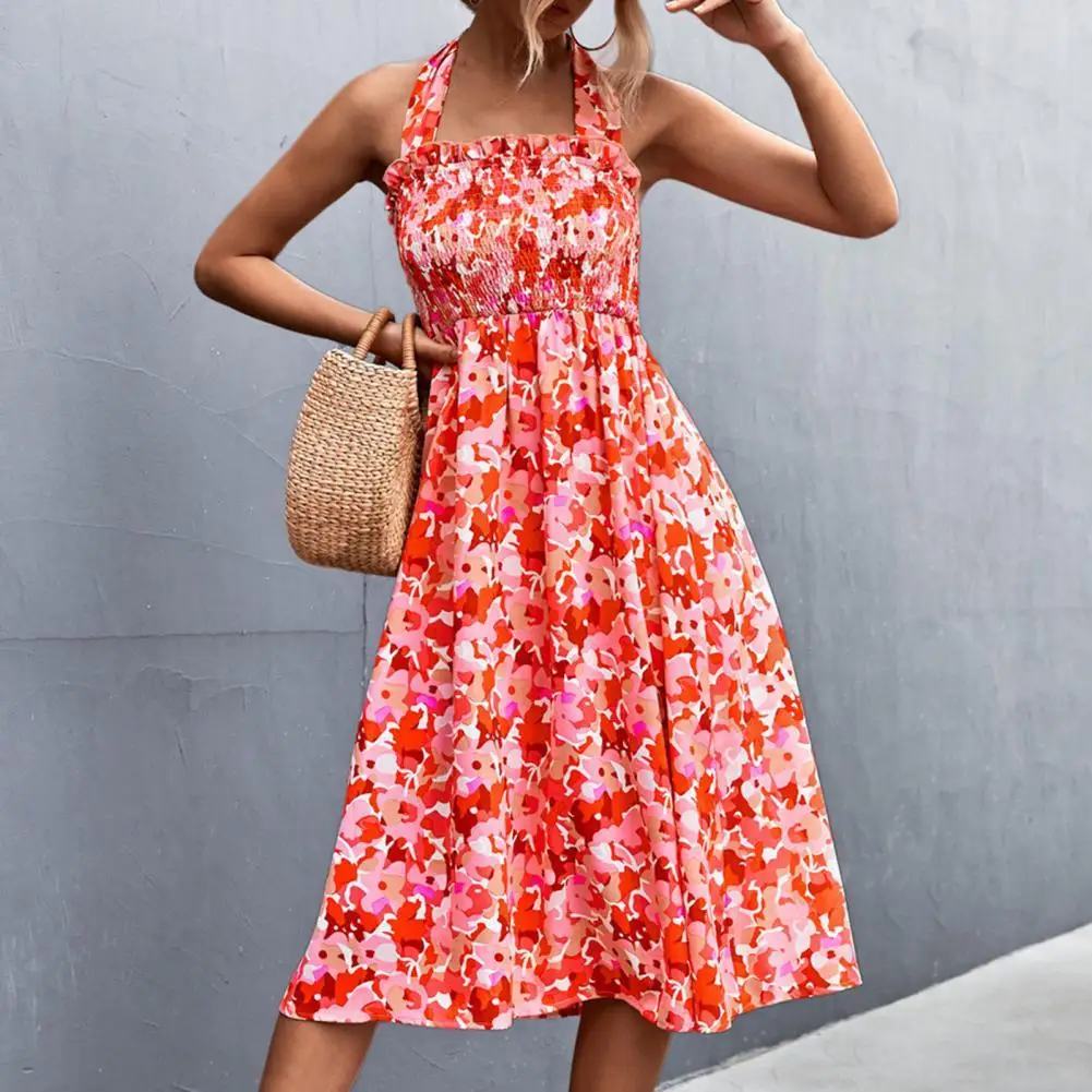 

Summer Flower Print Sexy Slit Beach Dresses High Waist Slim Belt Boho Dress for Women Halter Sling Sleeveless Pleated Midi Dress