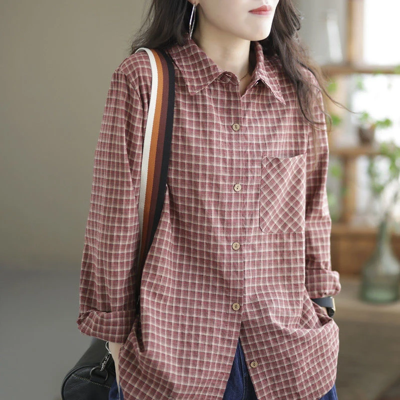 

2022 Spring Autumn New Arts Style Women Long Sleeve Turn-down Collar Loose Casual Shirts Cotton Linen Plaid Blouse Tops C550