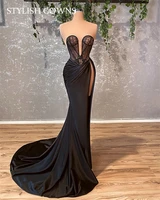 elegant black strapless long prom dress 2022 high slit birthday party gowns mermaid celebrity dresses robe de soiree
