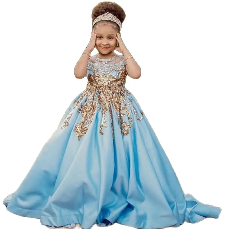 

Sky Blue Satin Aline Toddler Flower Girl Dresses Golden Sequin Beads Princess Communion Birthday Pageant Robe De Demoiselle
