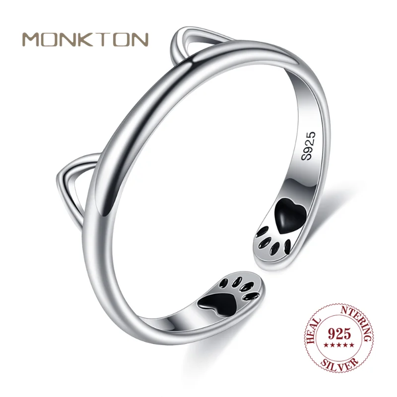 

Monkton Cat Ring Ear Paw 925 Sterling Silver Ring Open Adjustable Fashion Korean Cuff Finger Thumb Band Love Rings for Women