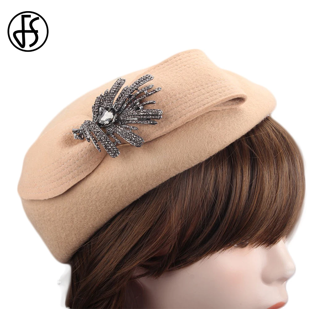 FS Stewardess Hats For Women With Rhinestone Vintage Fashion Wool Hat Lady Bow Bud Fedora Autumn Winter Wedding Church Beret Cap