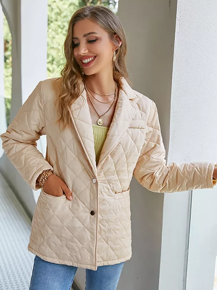 2022New Causal plaid loose pocket women parka winter  Office lady lapel warm top coat solid  Elegant long sleeve puffer jackets