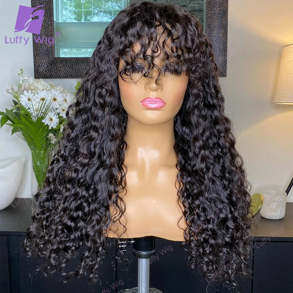 200 Density Glueless Water Wave Wig With Bangs Human Hair Remy Brazilian Machine Made O Scalp Top Wigs Cheap Wigs For Women