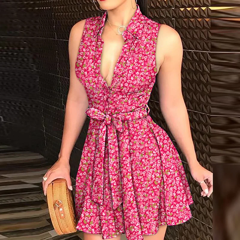 

Женское Плиссированное мини-платье, офисное модное однобортное платье-рубашка на шнуровке, винтажное женское платье без рукавов с принтом, 2023