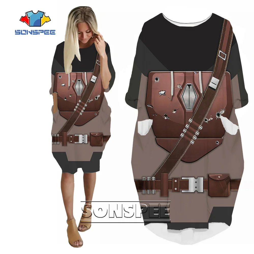 

SONSPEE Bulletproof Armor 3D Print Women's Cool Dress Amazing Designs Long Sleeve Pocket Skirt Loose Streetwear Shirt Male